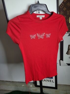 Orange Kiss Red Ribbed Butterfly Tee - Short Sleeve